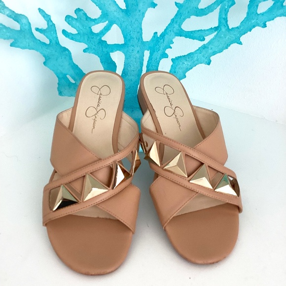 Jessica Simpson Criss Cross Creme Slide Studded Sandals Size 8.5M /39 - Picture 1 of 10
